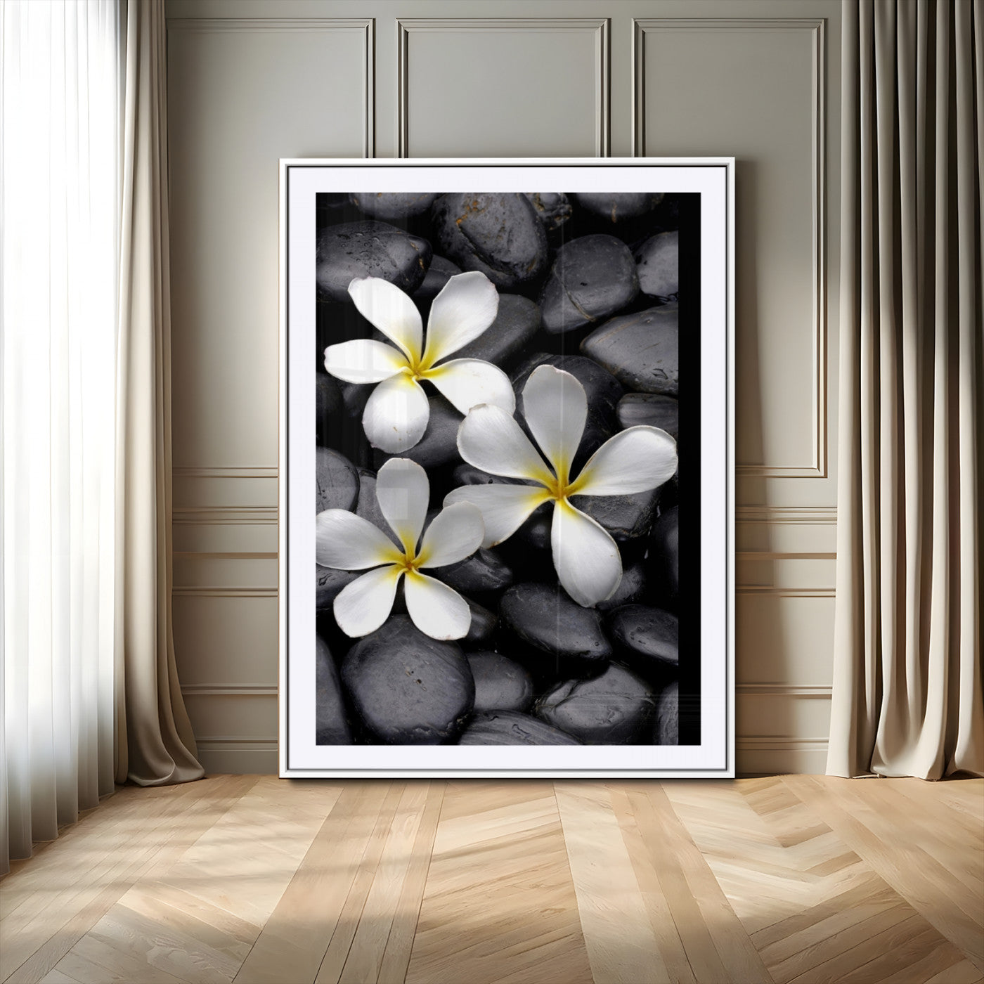 Large Wall Art White Flowers on Black Zen Meditation Stones Vertical Canvas Print