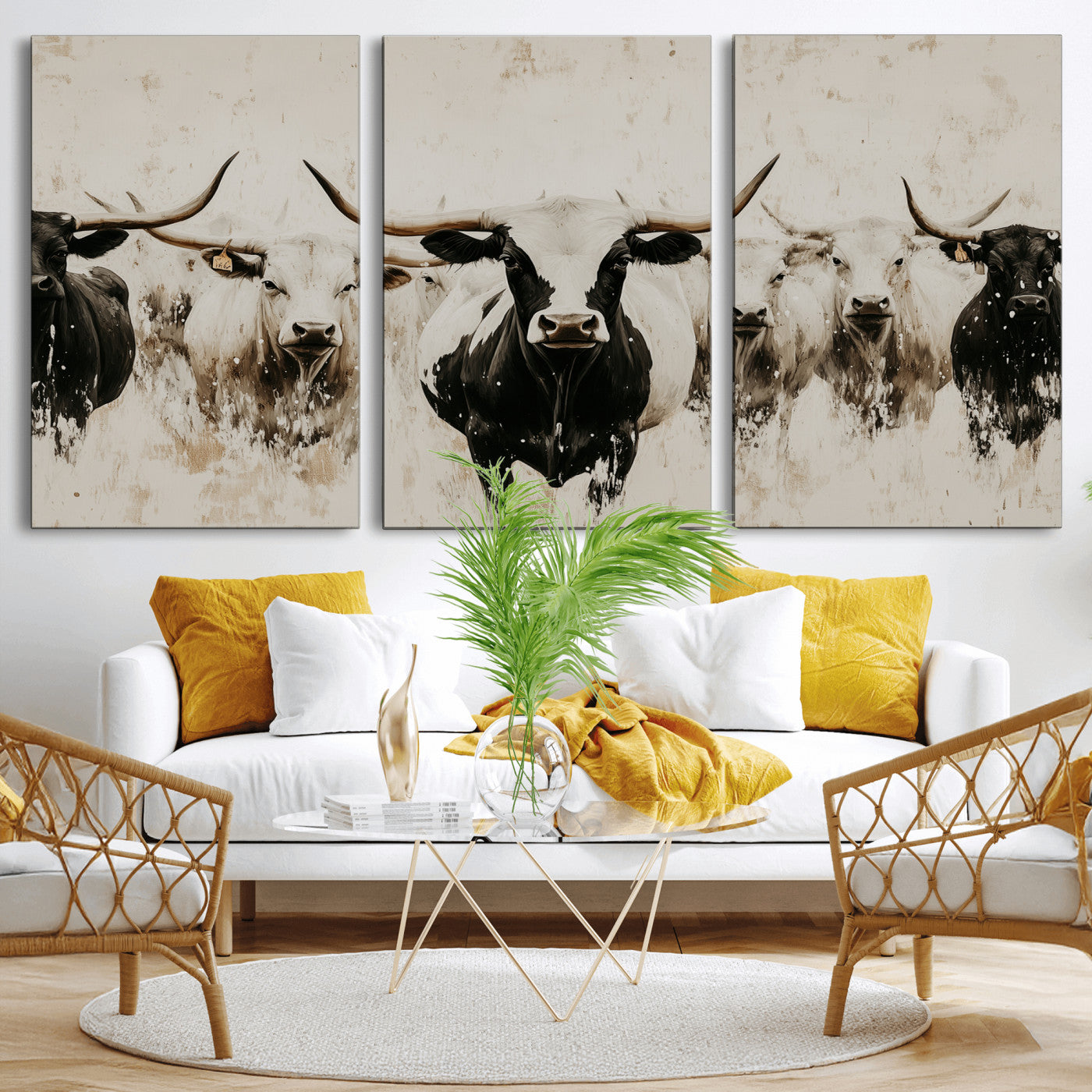 Illustrated herd of longhorn cattle in black and white tones with a neutral textured background, perfect for rustic or farmhouse-style decor.