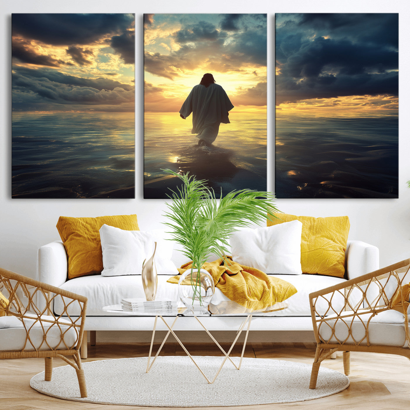 Spiritual artwork of Jesus walking on water at golden hour with divine light, ideal for Christian home decor or prayer room.
