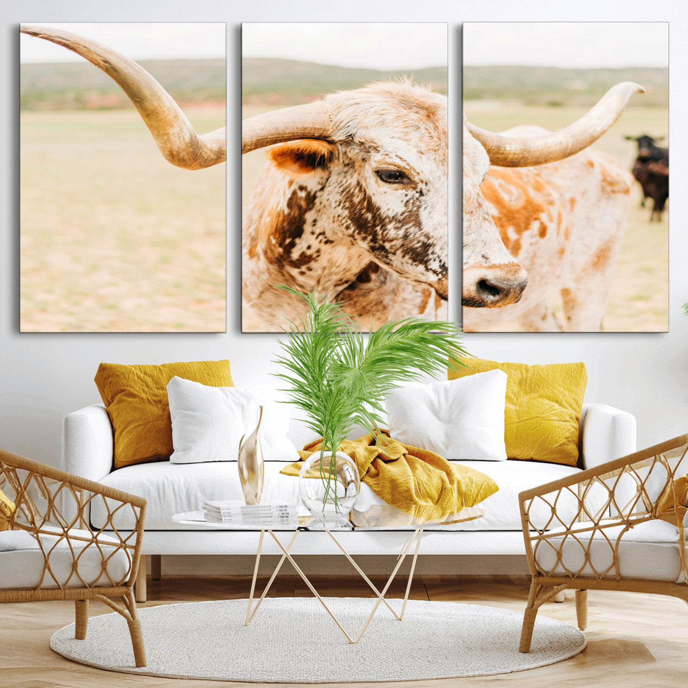 Close-up of a speckled Texas Longhorn in warm prairie tones, perfect for rustic western or countryside-themed room decor.