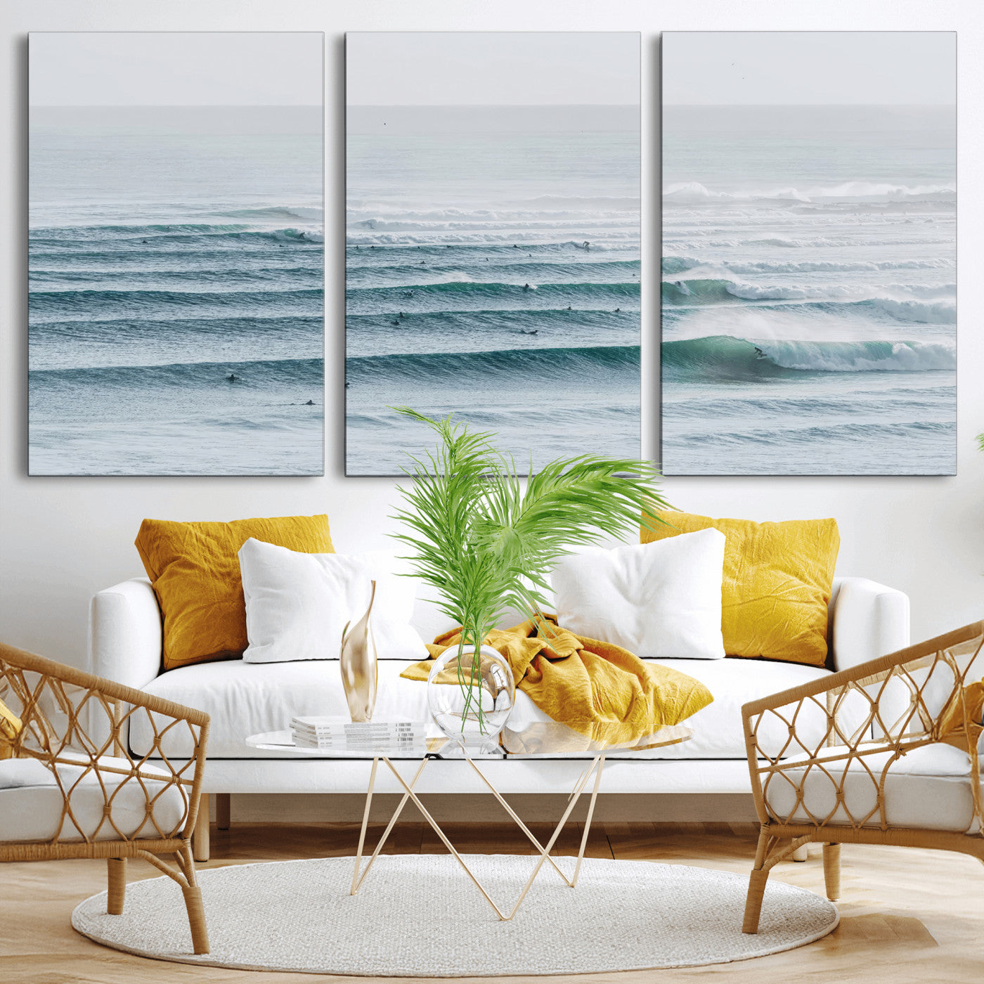 High-angle view of surfers lining up across layered ocean waves, ideal for minimal coastal or surf-inspired room decor.
