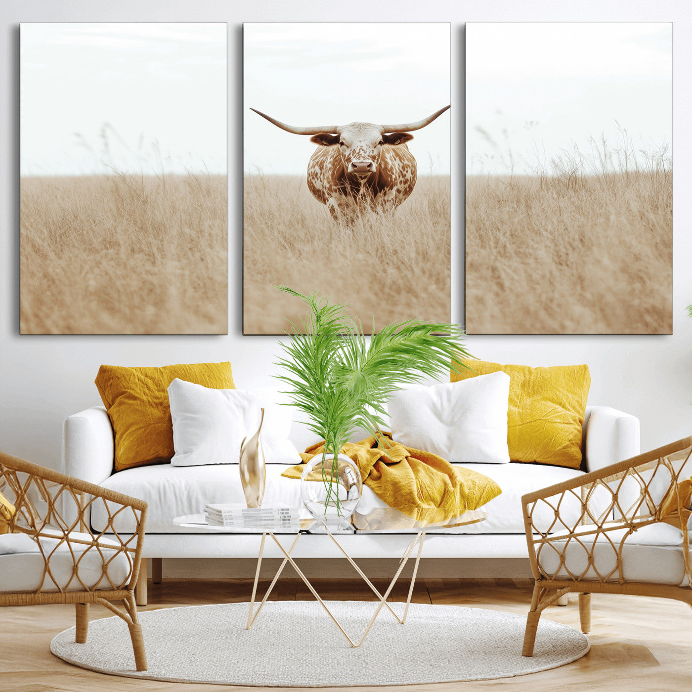 Texas Longhorn bull standing alone in dry grass with neutral tones, ideal for rustic western or cowboy-themed wall decor.