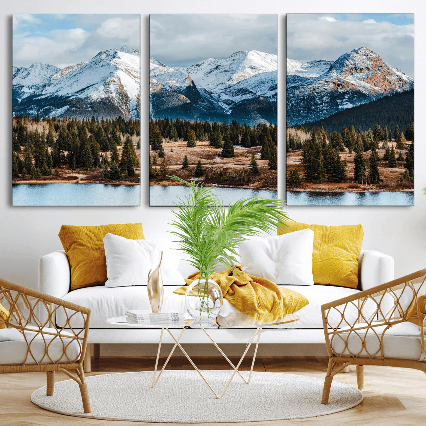 Framed canvas of snowy mountain peaks with pine forest and alpine lake, perfect for winter cabin or wilderness-inspired home decor.