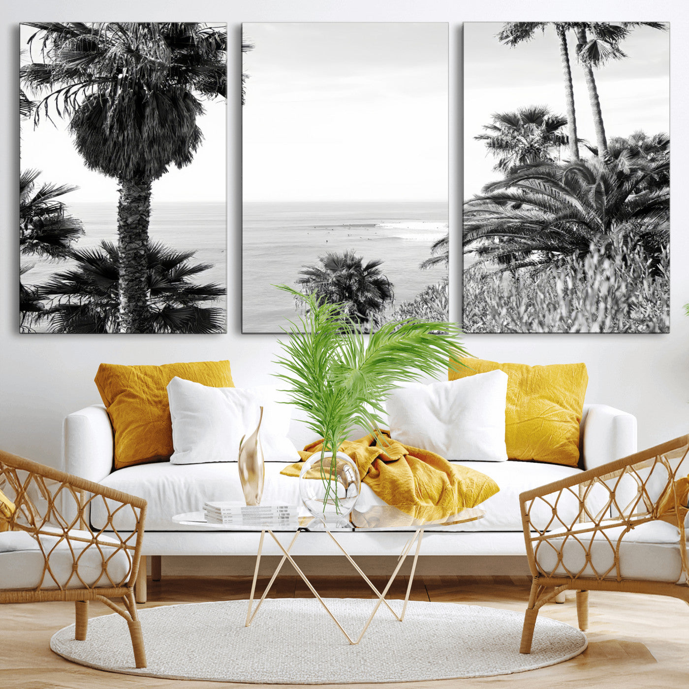 Monochrome canvas of palm trees framing a coastal surf scene, perfect for California-inspired or retro black-and-white beach decor.