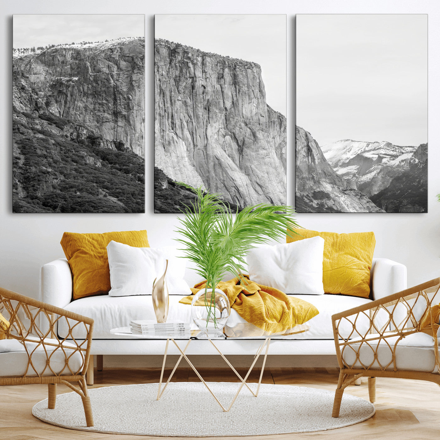 Monochrome canvas of El Capitan’s granite wall in Yosemite with snowy peaks, ideal for dramatic mountain or black-and-white nature decor.