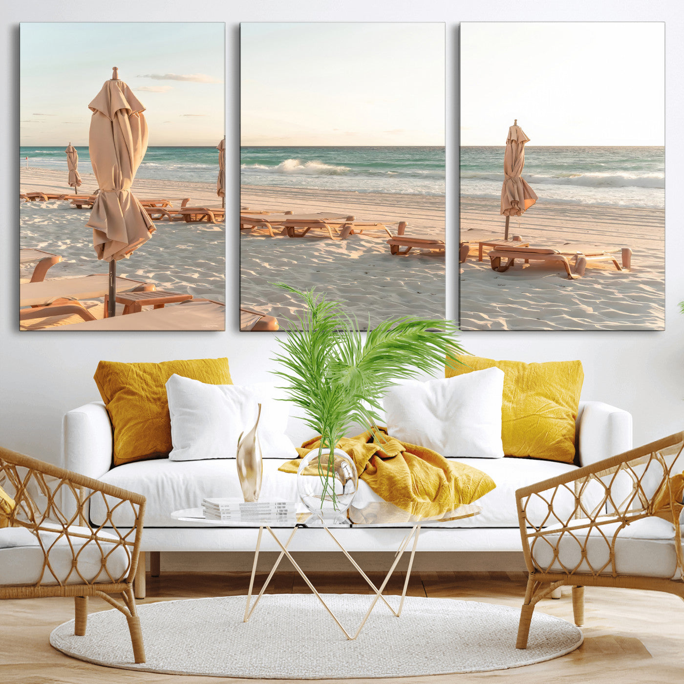 Minimalist photo of empty beach loungers and umbrellas on soft sand, ideal for calm seaside or pastel coastal-style home decor.