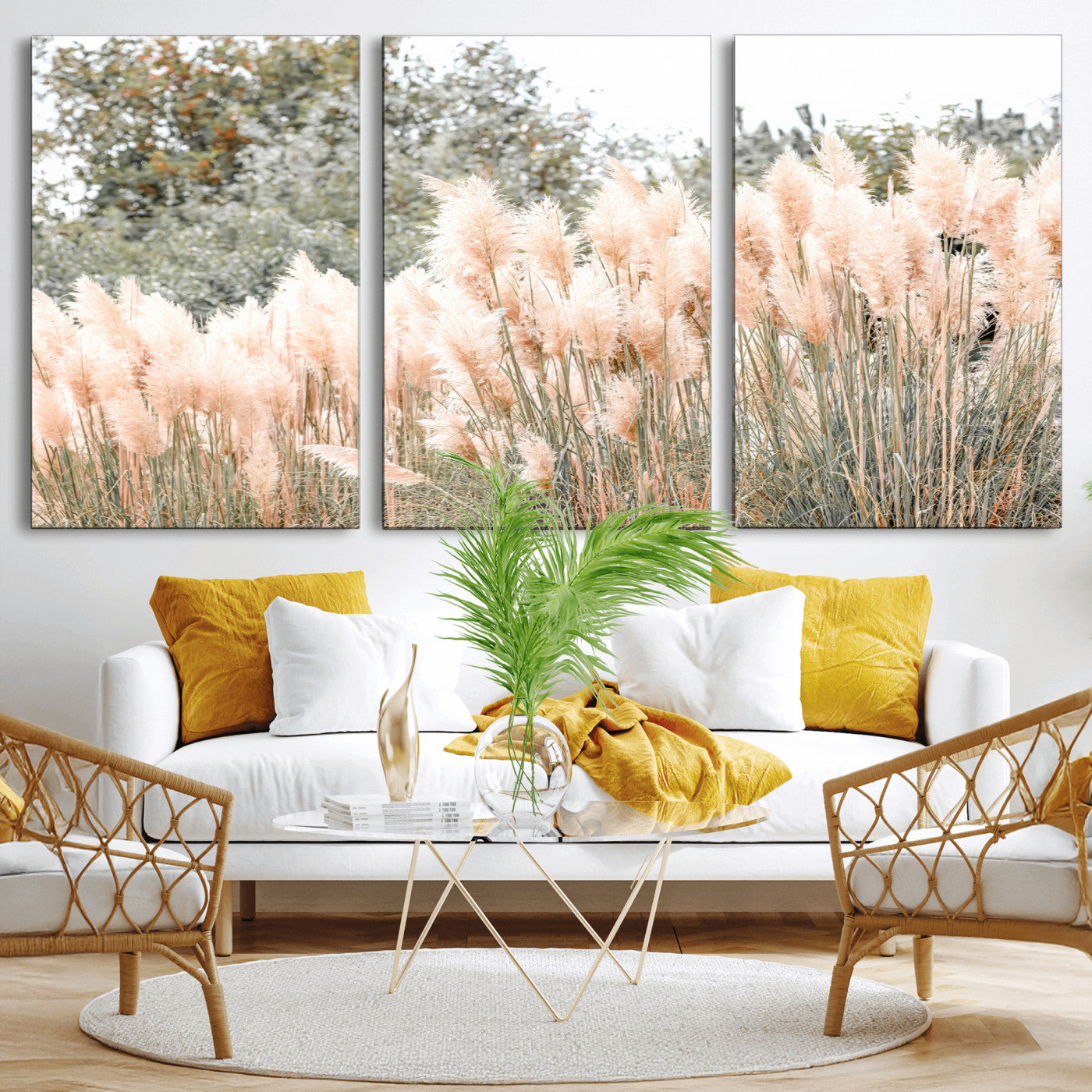Soft pastel pampas grasses in a natural setting, ideal for neutral boho or rustic botanical-style interior wall decoration.