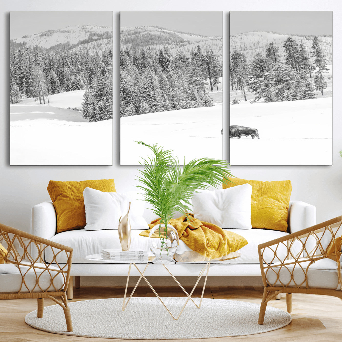 Snowy bison walking through white forest landscape, ideal for monochrome winter or wilderness-style interior wall decoration.