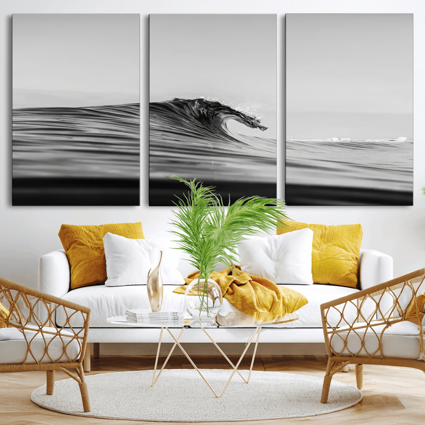 Striking black and white photo of a curling wave, ideal for modern coastal or minimalist wall decor settings.