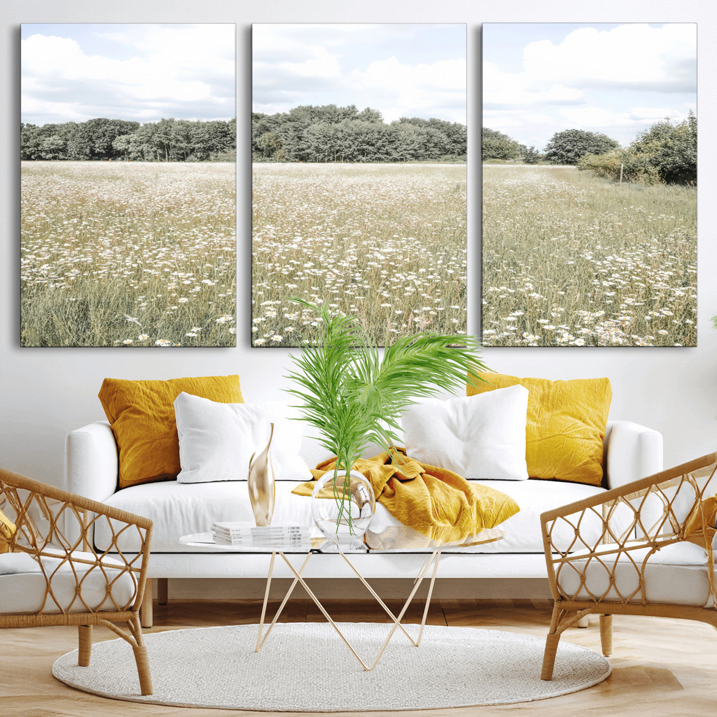 Soft-toned image of a wild daisy field under a cloudy sky, ideal for neutral or Scandinavian-inspired home decor.