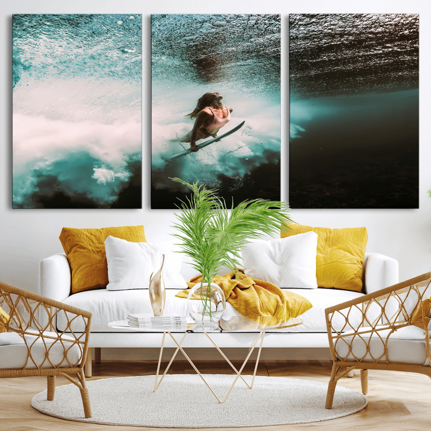 Vibrant underwater photo of a female surfer diving through turquoise waves, perfect for coastal boho or surf-inspired home decor.