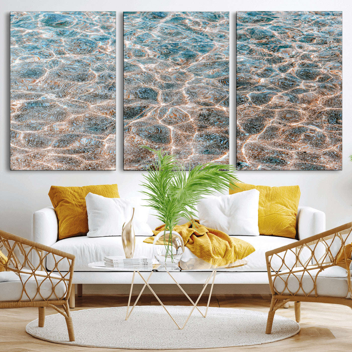 Close-up of sunlit ocean ripples with aqua blue and golden tones, ideal for modern coastal or minimalist home decor.