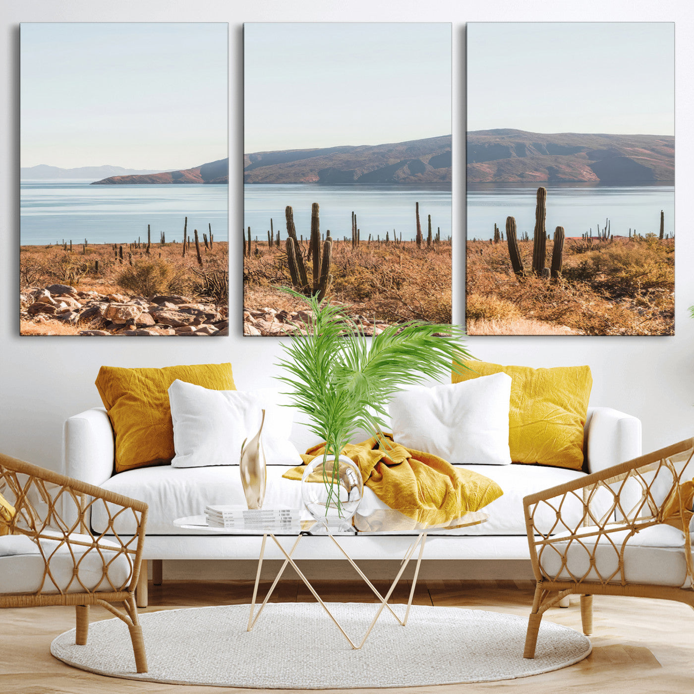 Warm desert landscape with cacti and coastal mountains, perfect for southwestern or earthy calm-themed home wall decor.
