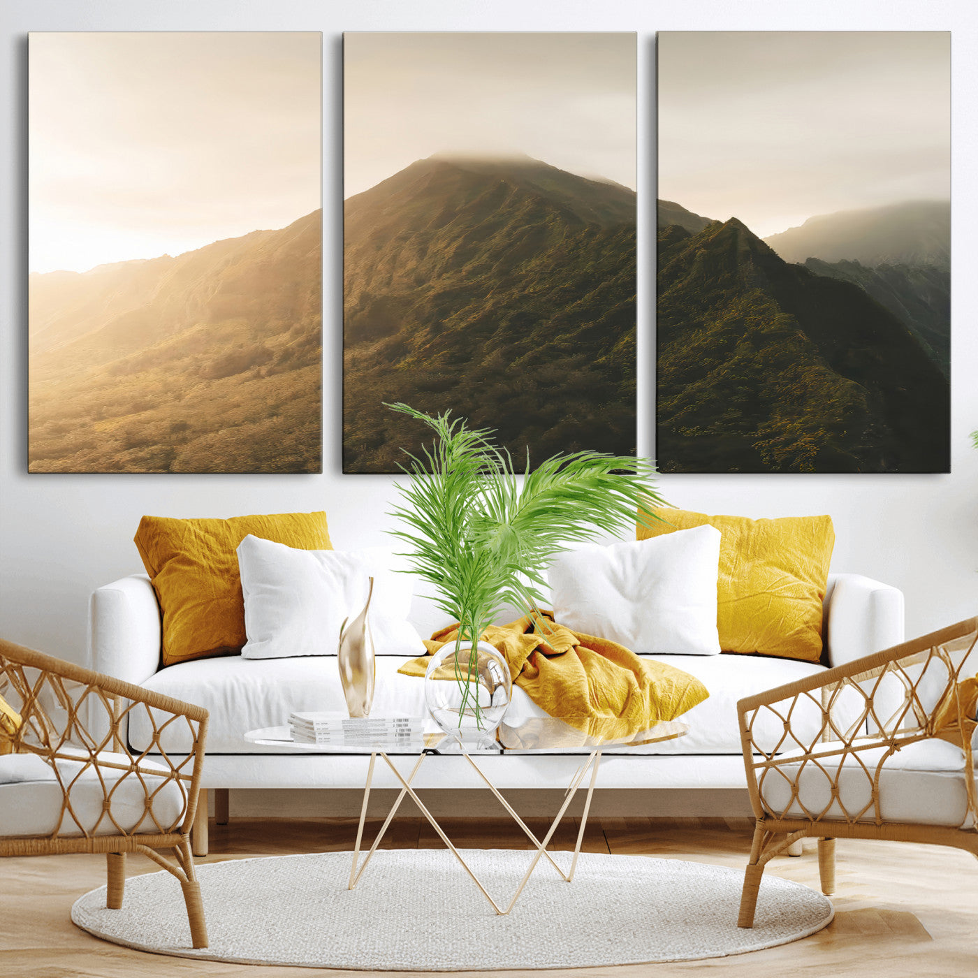 Sunlit mountain peak with mist rolling over its rugged slopes, bathed in golden light, creating a warm and tranquil nature-inspired scene.