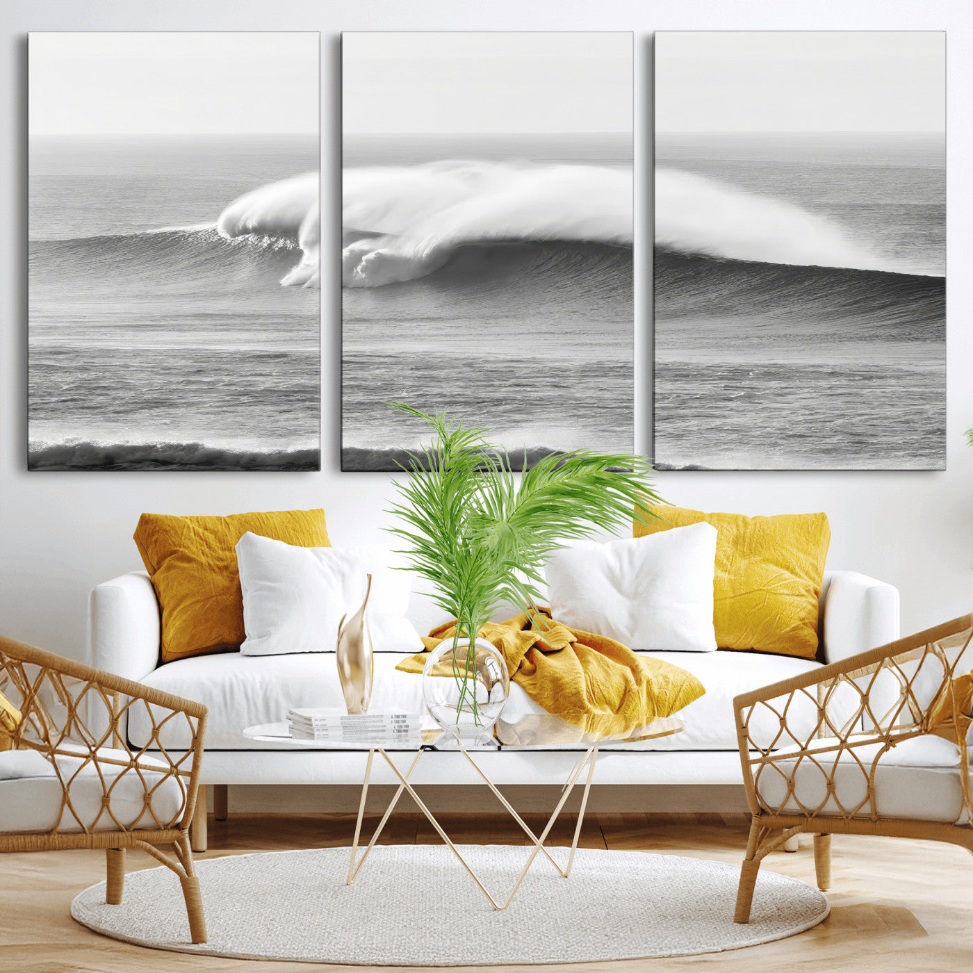 A dramatic black and white ocean wave crashing with immense force, capturing the raw power and movement of the sea in a bold seascape.