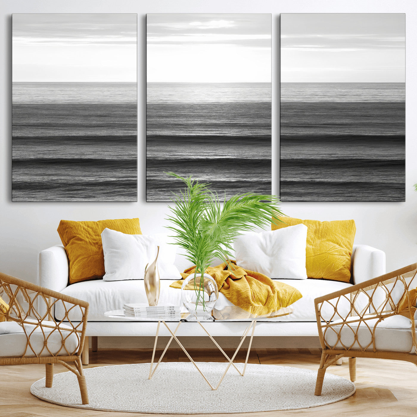 Minimalist black and white ocean view with layered waves reflecting sunlight, evoking a sense of calm and coastal serenity.