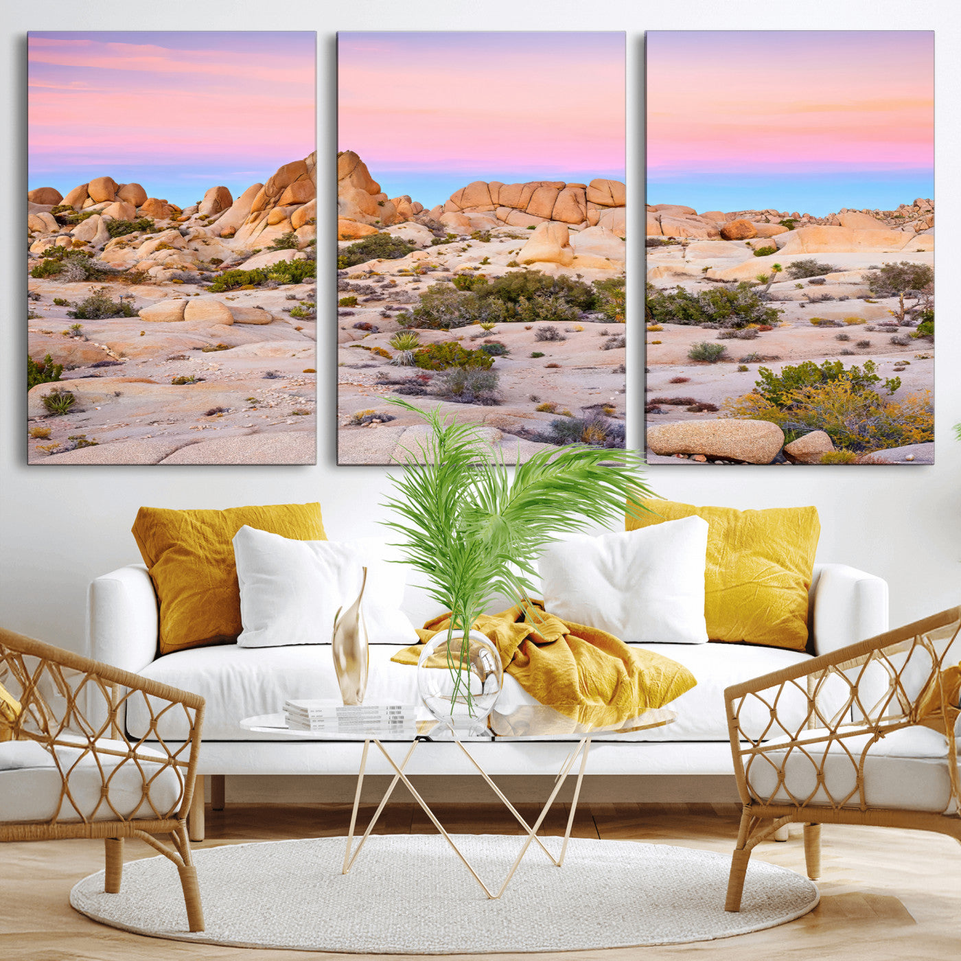 A breathtaking desert landscape featuring rugged rock formations under a vibrant pastel sunset sky, capturing the warmth and serenity of a Southwestern wilderness.
