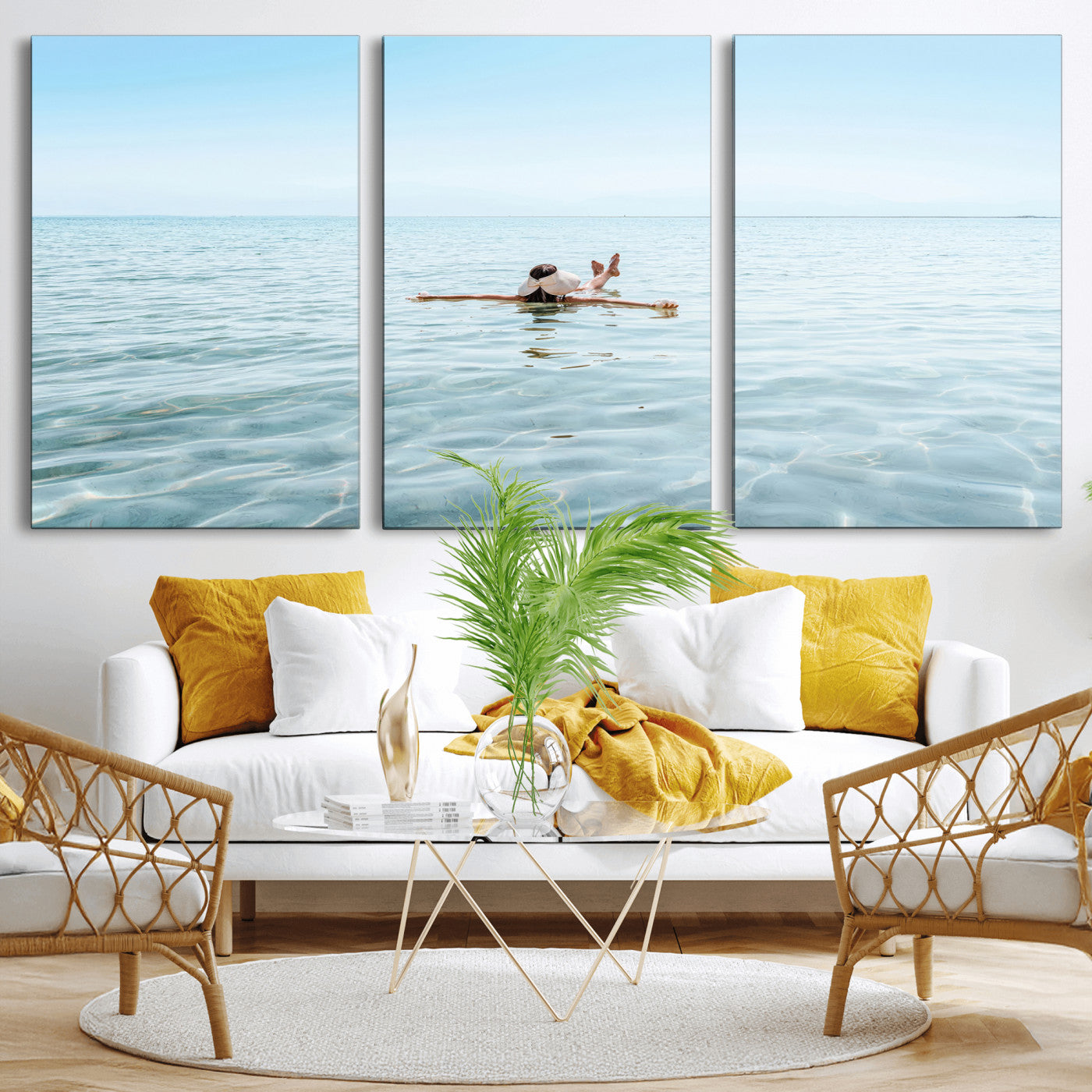 A peaceful minimalist scene of a person floating on crystal-clear water, surrounded by a vast open horizon, capturing relaxation and serenity in a tranquil aquatic setting.
