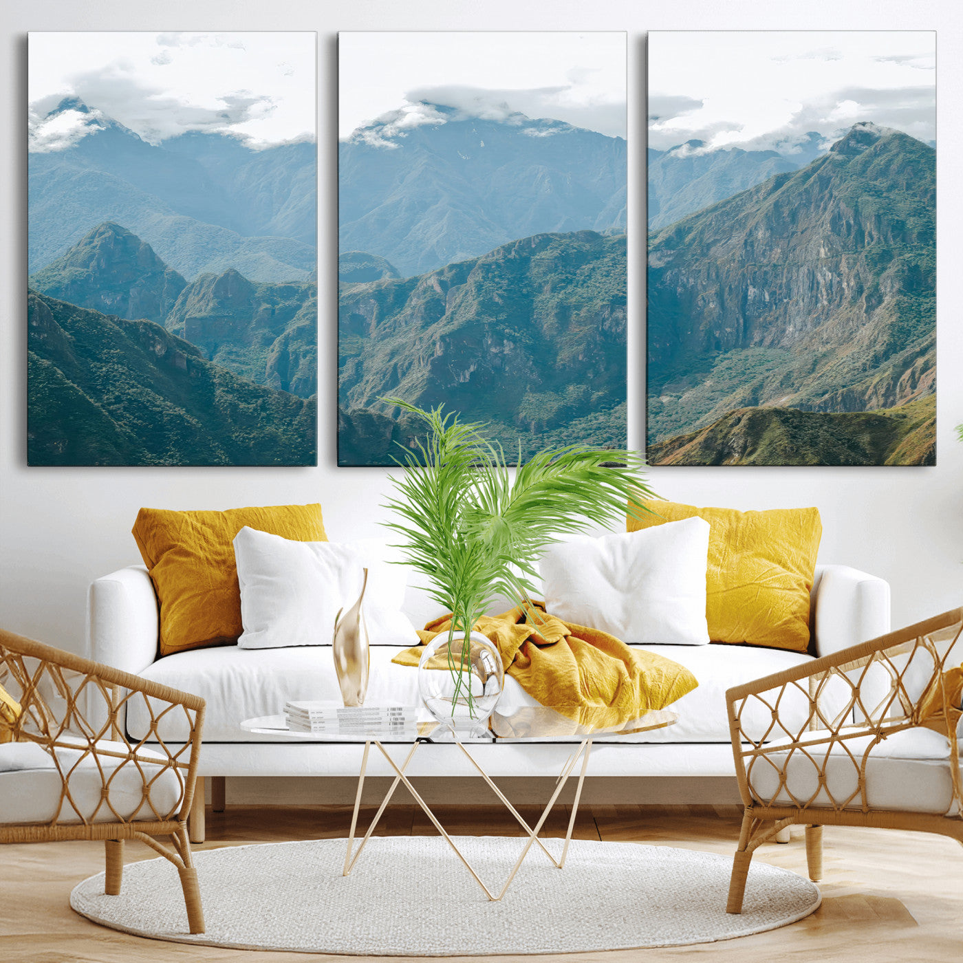 A misty mountain landscape with cloud-covered Andean peaks and lush green valleys, creating a dramatic and serene view, perfect for rustic or nature-inspired home decor.