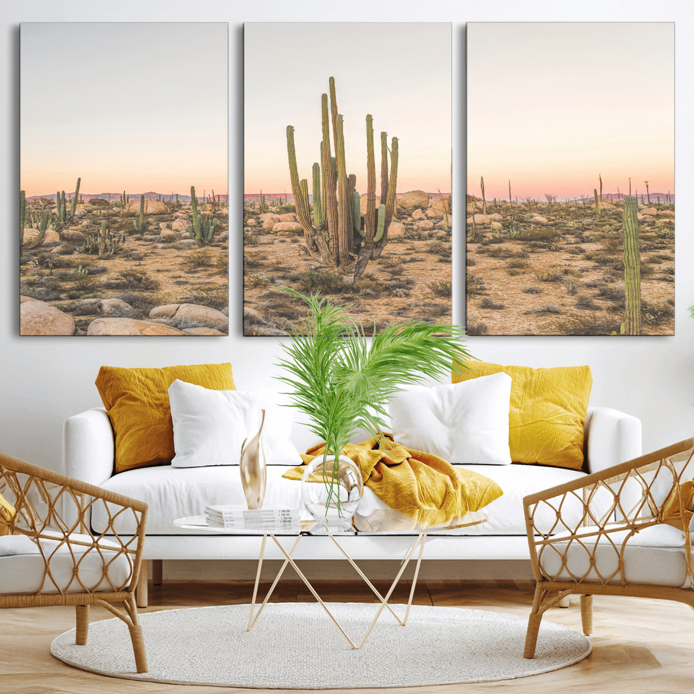 Canvas of tall desert cacti in warm sunset tones over a rocky Baja landscape, ideal for earthy or Southwestern-style home decor.