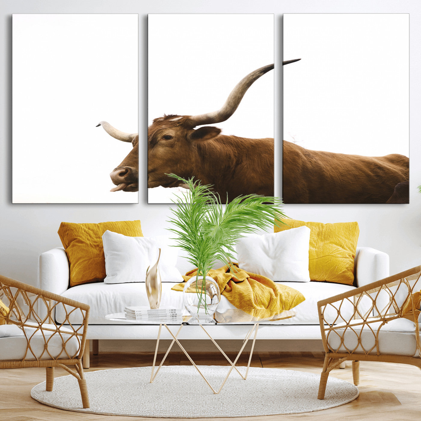 Minimal photo of a longhorn cow with white background, ideal for rustic, western or farmhouse-style interior decor.
