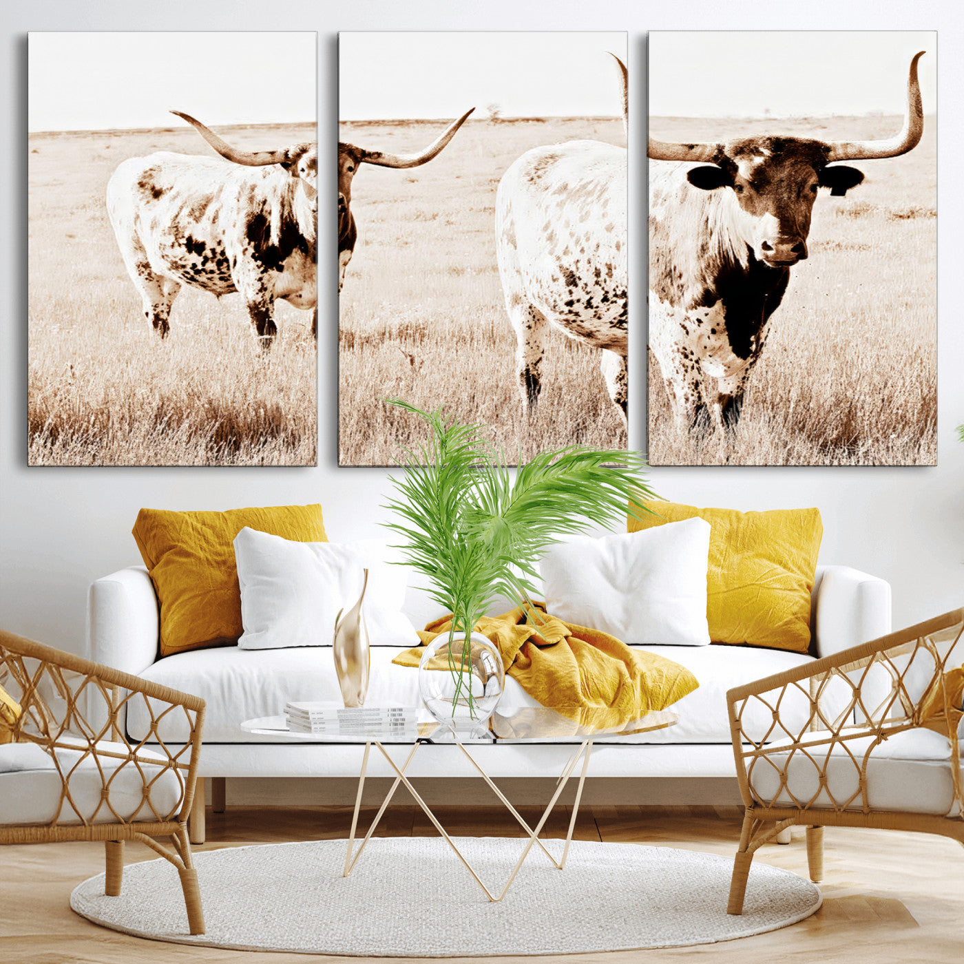 Two Texas longhorn cows standing in a sepia-toned pasture, evoking rustic charm perfect for farmhouse or western country interiors. (