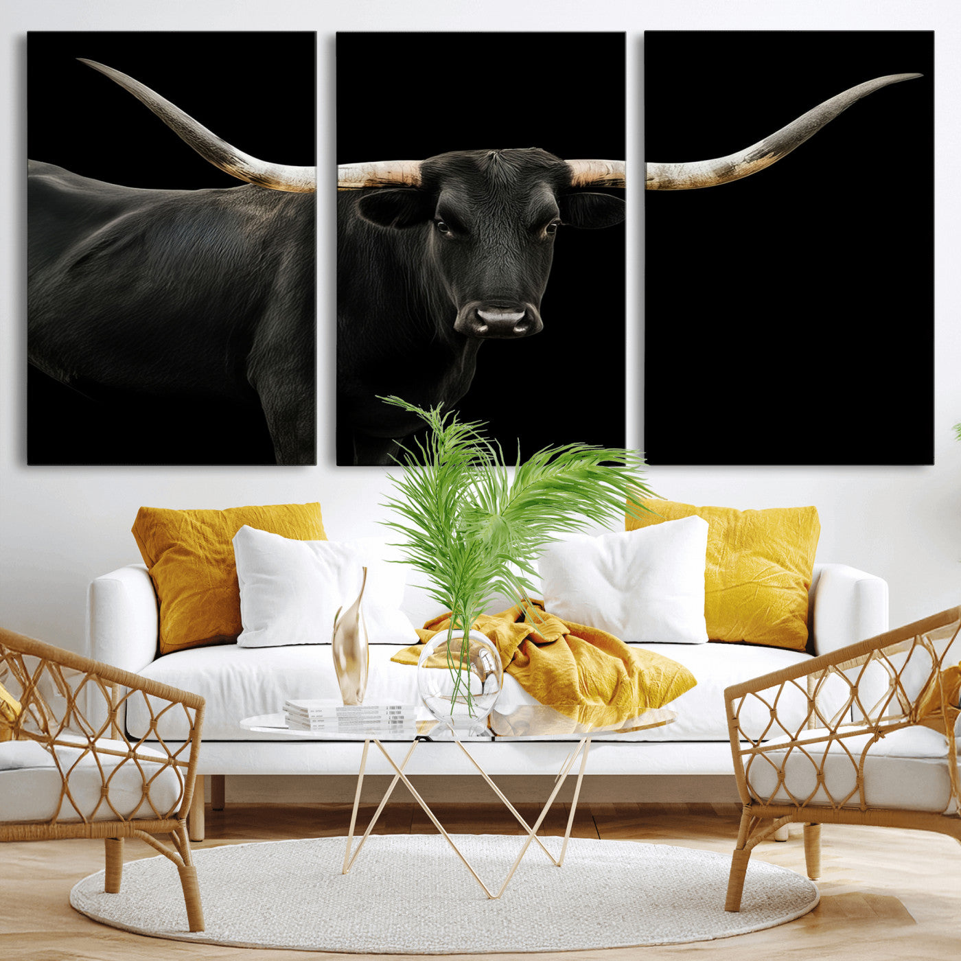 Close-up of a black Texas longhorn with large curved horns on black background, ideal for rustic farmhouse or modern western interiors.