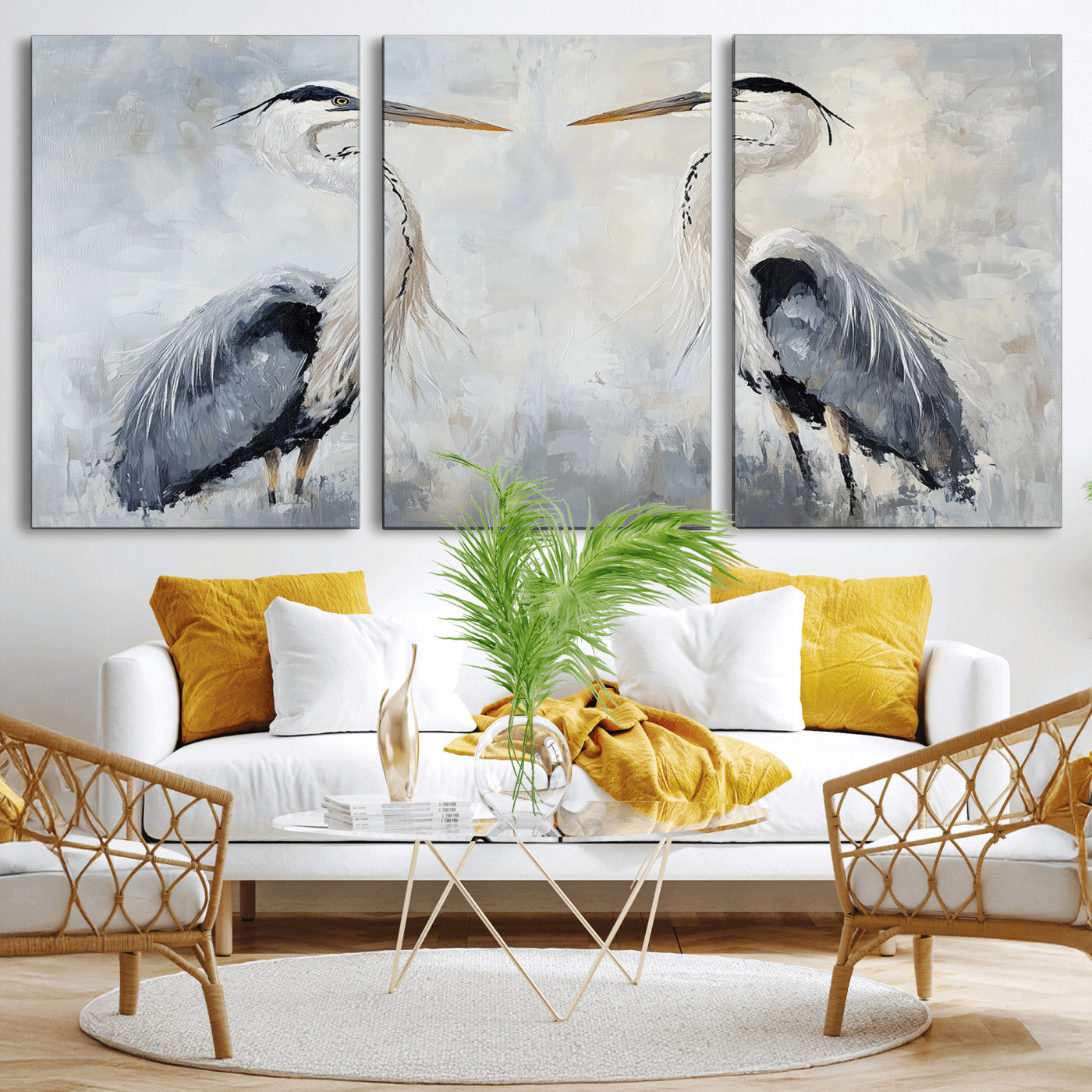 Two herons facing each other on a soft-toned background with blue-grey feathers, perfect for tranquil, coastal or nature-themed interiors.