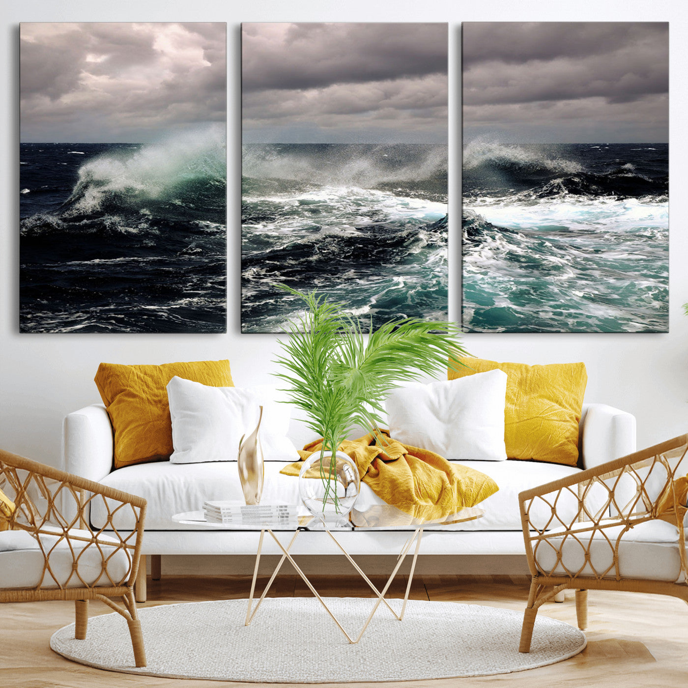 Powerful ocean waves crashing under stormy skies, creating a dynamic and intense seascape.
