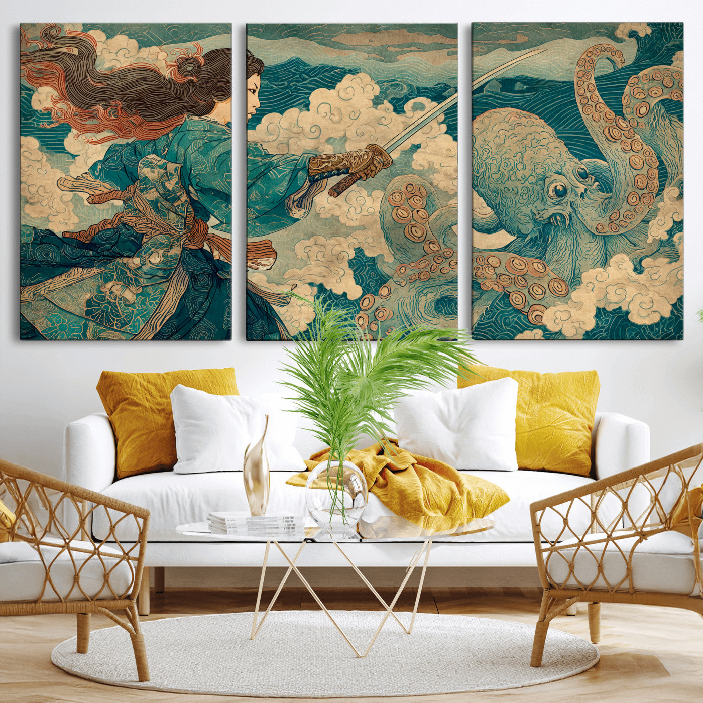 Tsukioka Yoshitoshi Samurai Wall Art Print, Japanese Katana Warrior Canvas Wall Art, Octopus Sea Monster Canvas Print,
