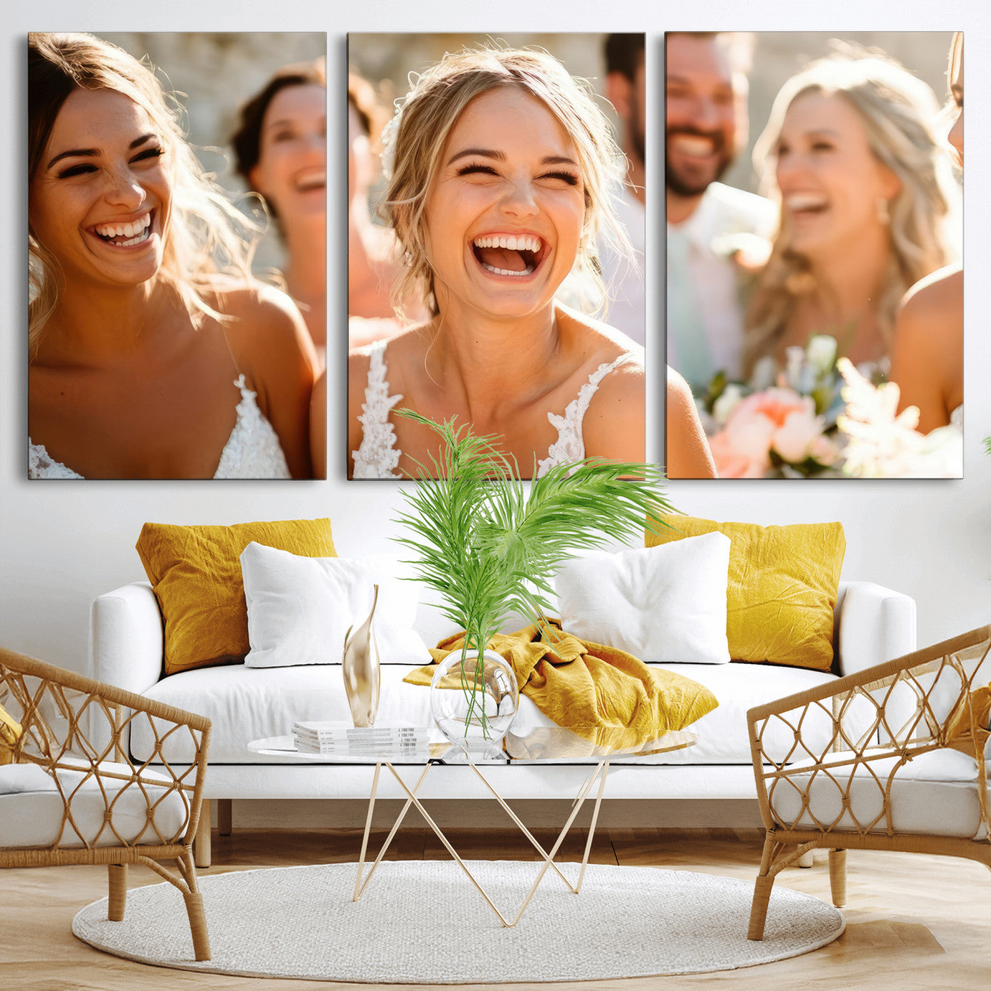 MGV-CV-60X30-3P - Joyful Wedding Wall Art – Laughing Bride and Bridesmaids Canvas Print, Romantic Celebration Photography Decor for Bedroom, Living Room, or Wedding Gift