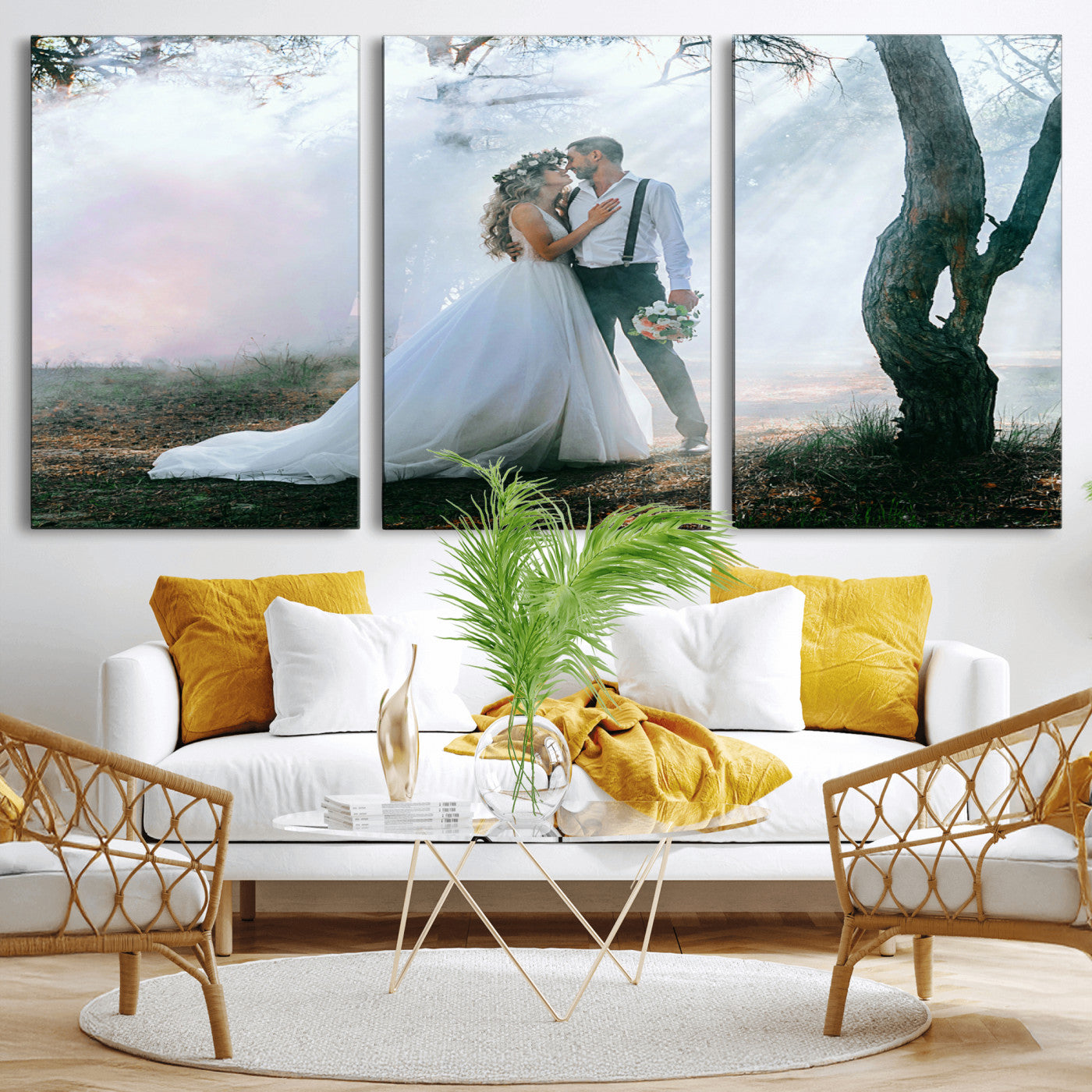 MGV-CV-60X30-3P - Forest Wedding Wall Art – Romantic Bride and Groom Canvas Print, Enchanted Woodland Photography Decor for Bedroom, Living Room, or Wedding Gift