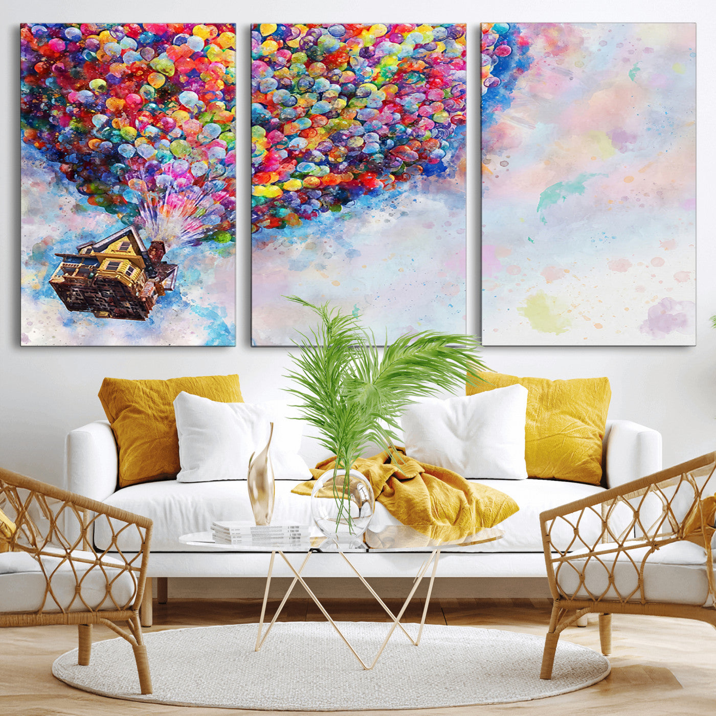 Whimsical canvas of the house from the movie Up flying with colorful balloons, ideal for Pixar or animation-themed decor.