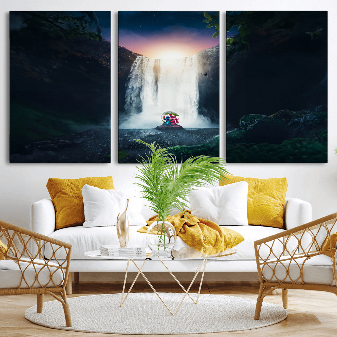 Romantic scene of Stitch and Angel sitting under a leaf in front of a glowing waterfall, ideal for tropical or fantasy-themed decor.