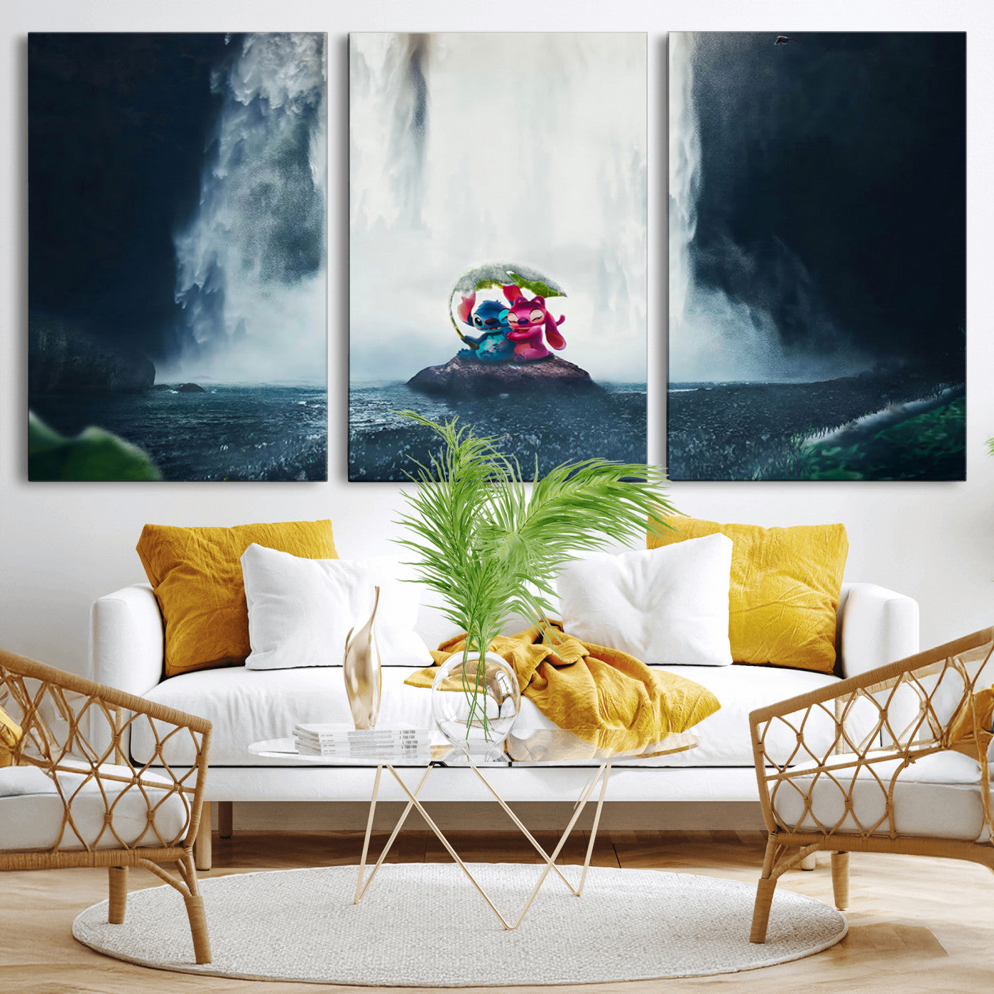 Fantasy canvas of Stitch and Angel under a leaf umbrella in front of a dramatic waterfall, perfect for moody jungle-themed or animated decor.