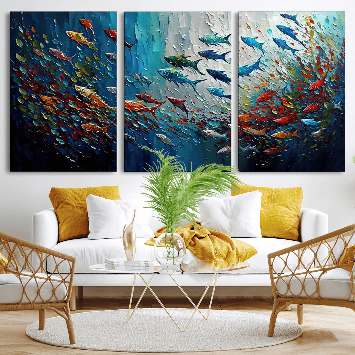 Colorful painting of fish swimming in abstract ocean swirls, perfect for vibrant marine-themed or expressive coastal home decor.