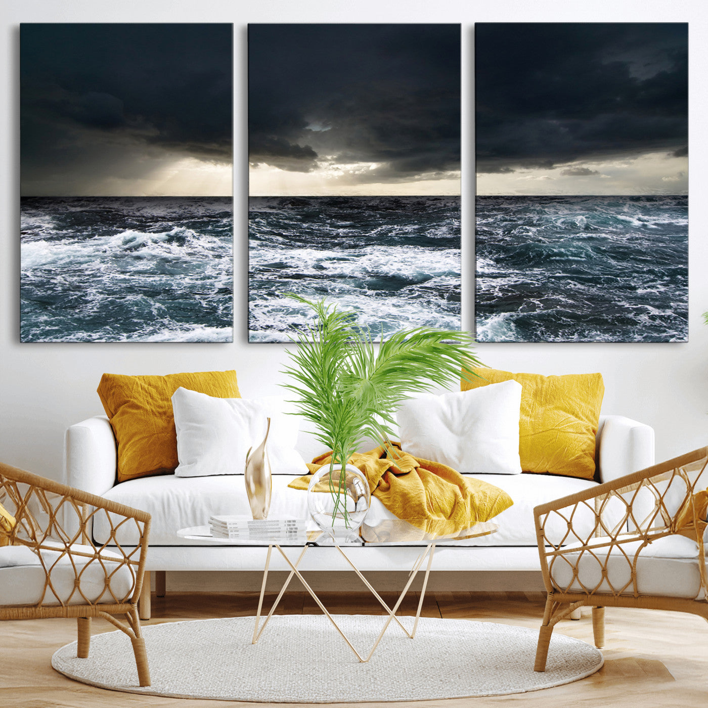 Moody ocean scene with stormy skies and crashing waves, perfect for dramatic or coastal-style home wall decor.