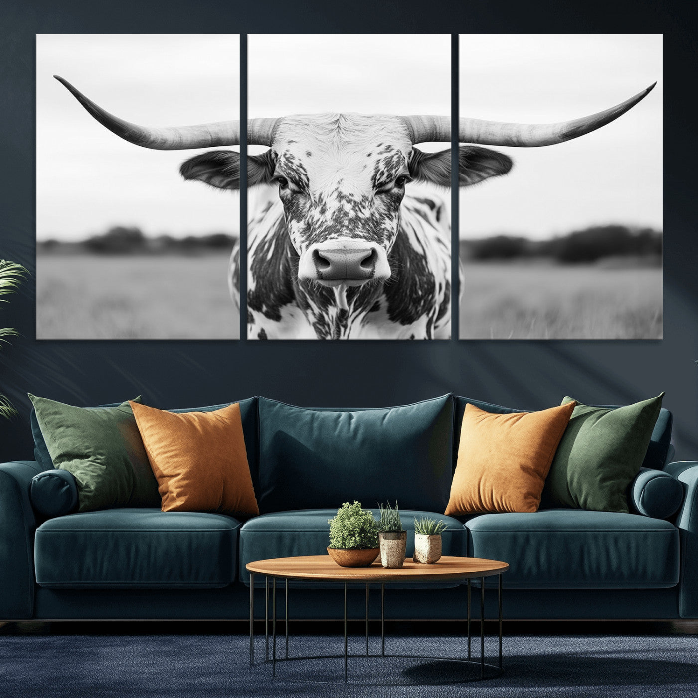 Capture the strength and elegance of nature with this striking black and white portrait of a longhorn cow. Its powerful presence makes a bold statement in any room.