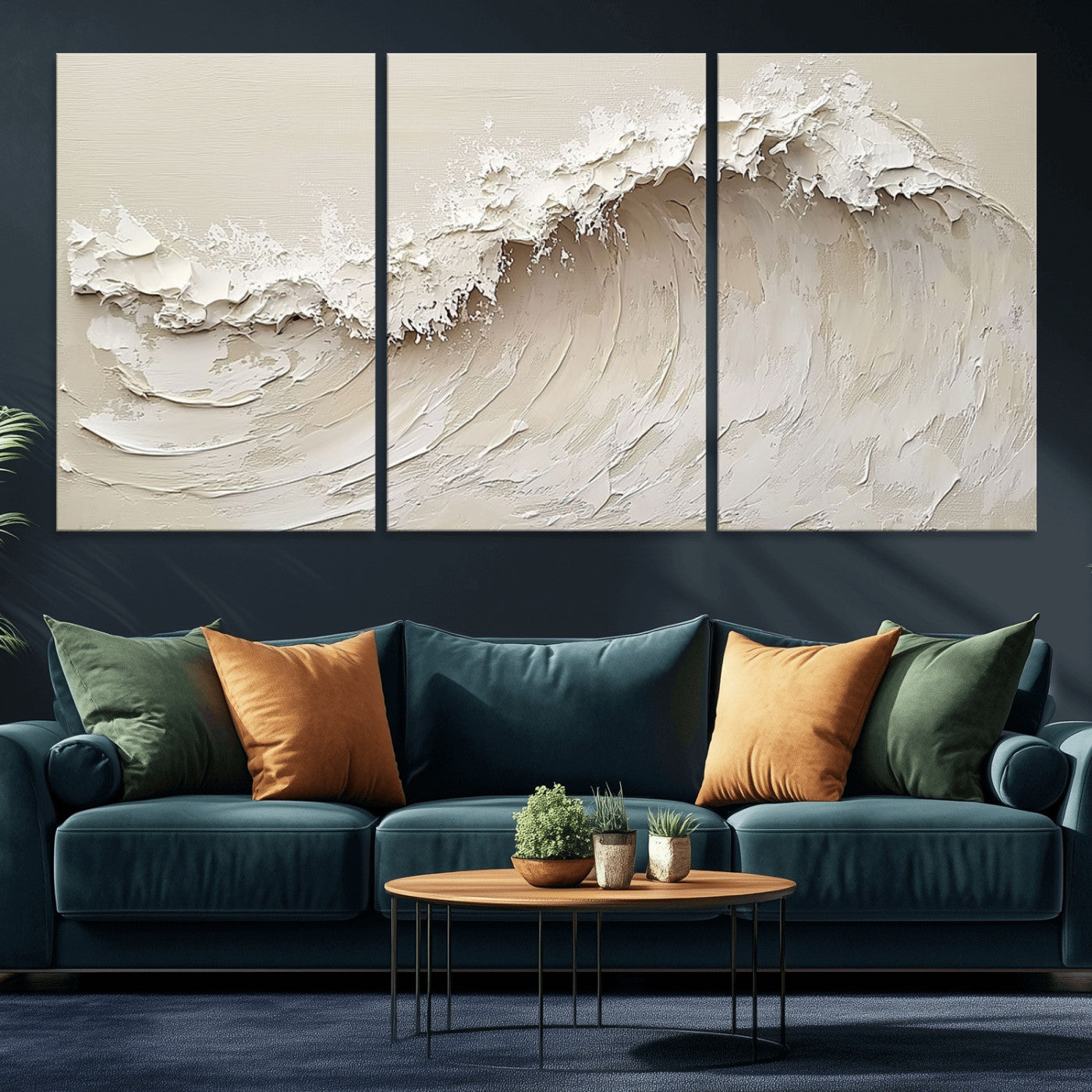 Textured canvas of an abstract white ocean wave in neutral tones, ideal for modern coastal or minimalist home decor.