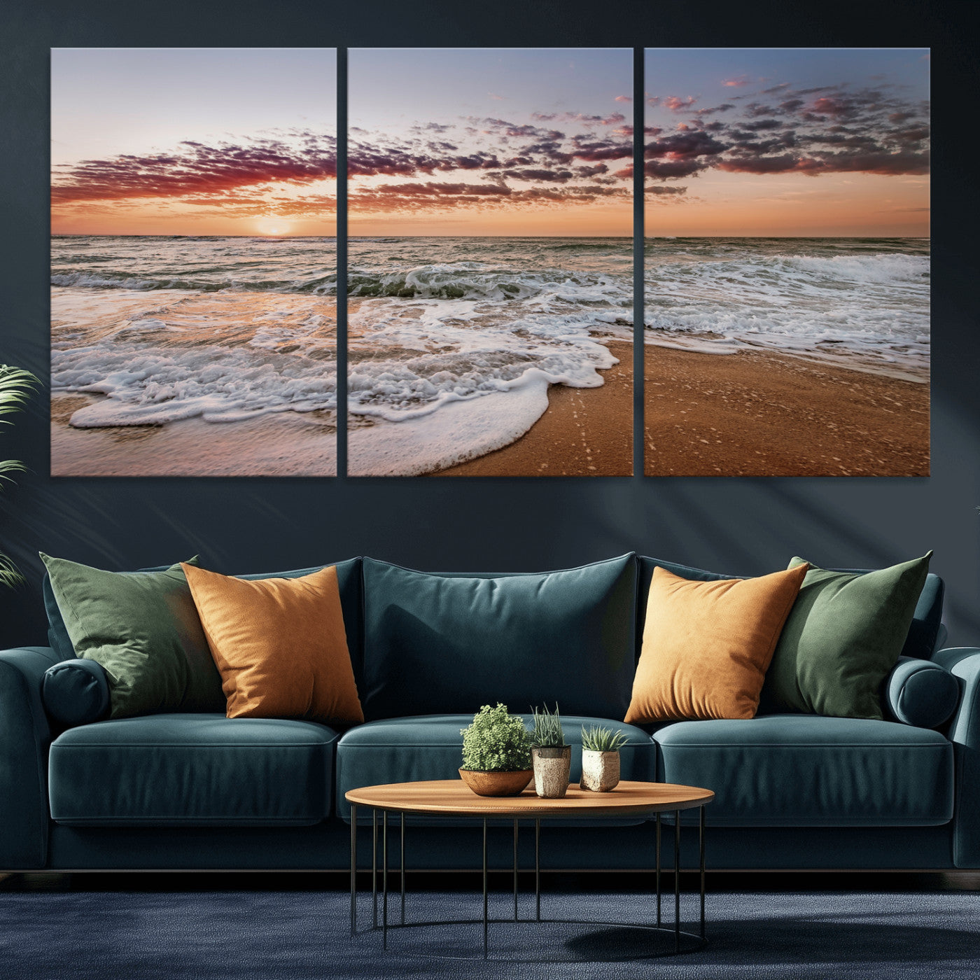 Canvas of a sunset over a foamy ocean shore with warm light and gentle waves, ideal for coastal or beach-themed home decor.