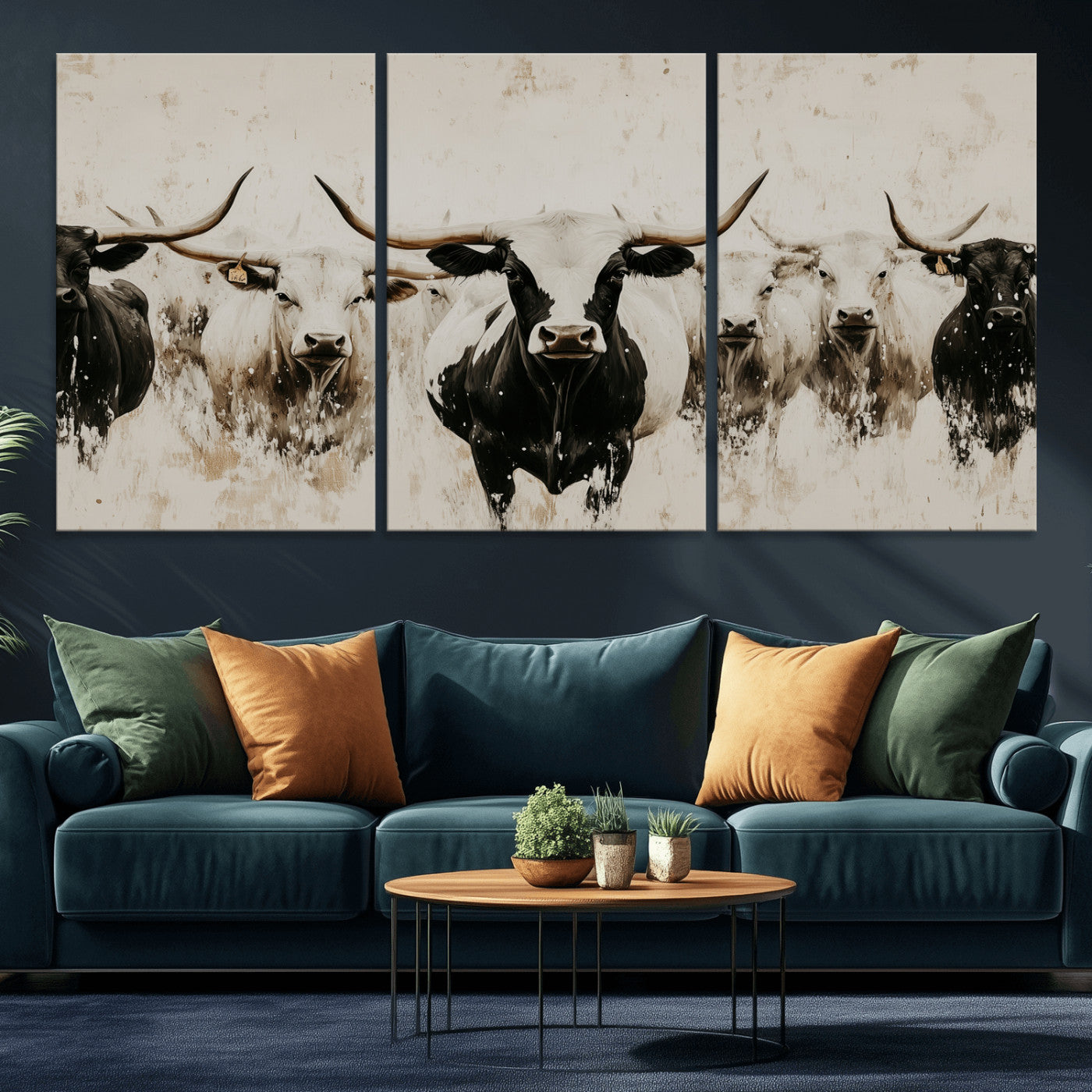 Illustrated herd of longhorn cattle in black and white tones with a neutral textured background, perfect for rustic or farmhouse-style decor.