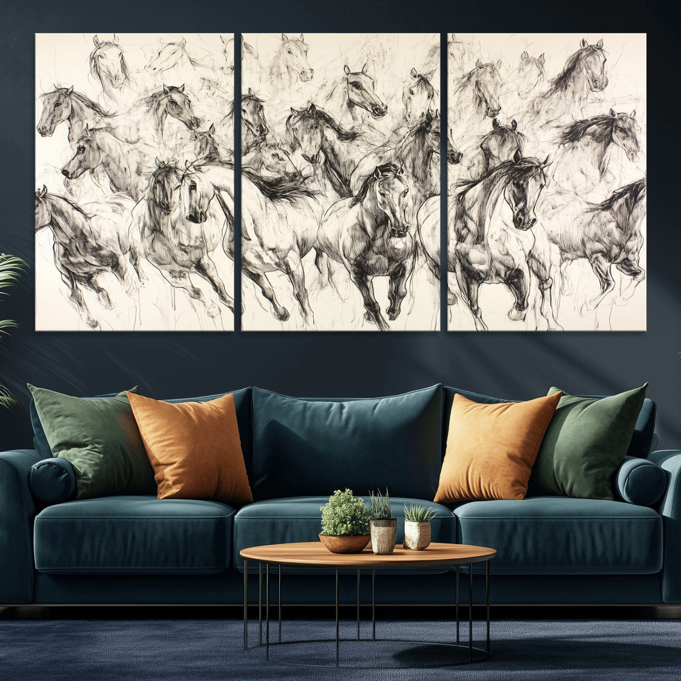 Monochrome ink sketch of galloping horses in dynamic motion, perfect for western or equine-themed wall decor with bold artistic energy.