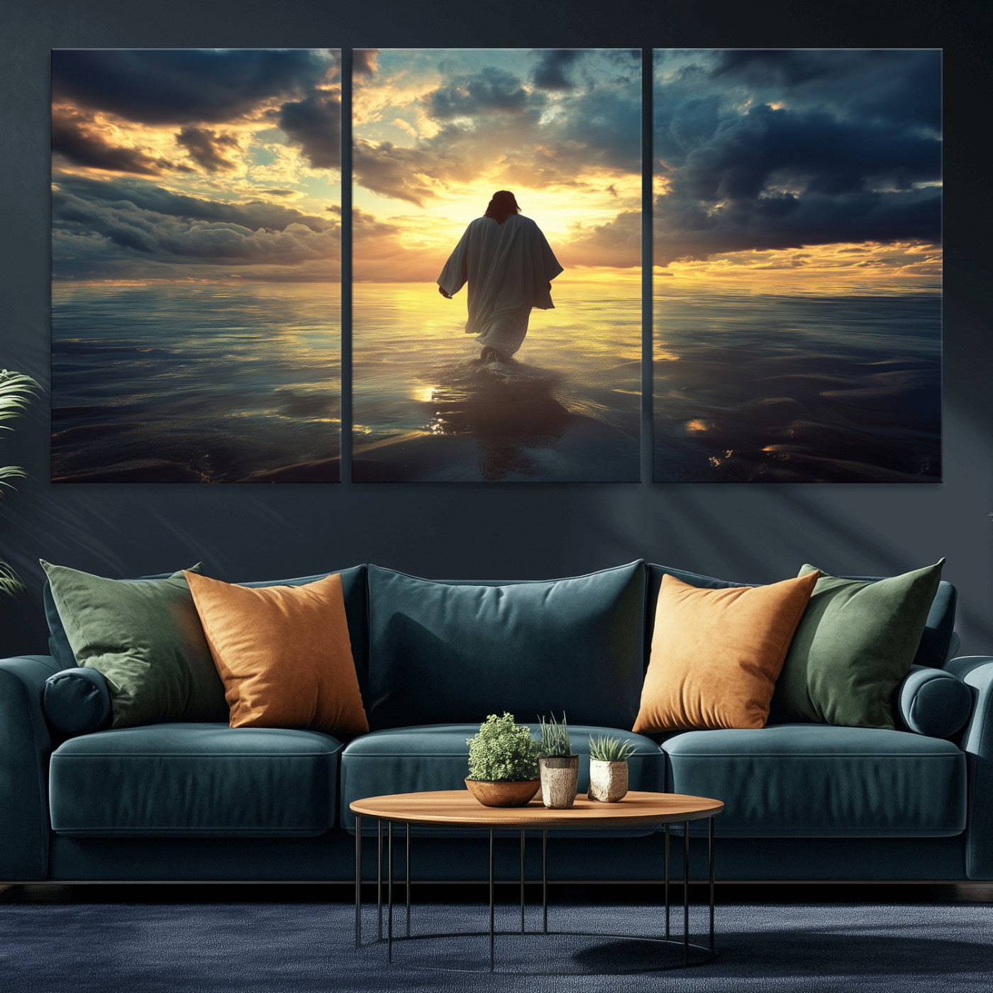 Spiritual artwork of Jesus walking on water at golden hour with divine light, ideal for Christian home decor or prayer room.