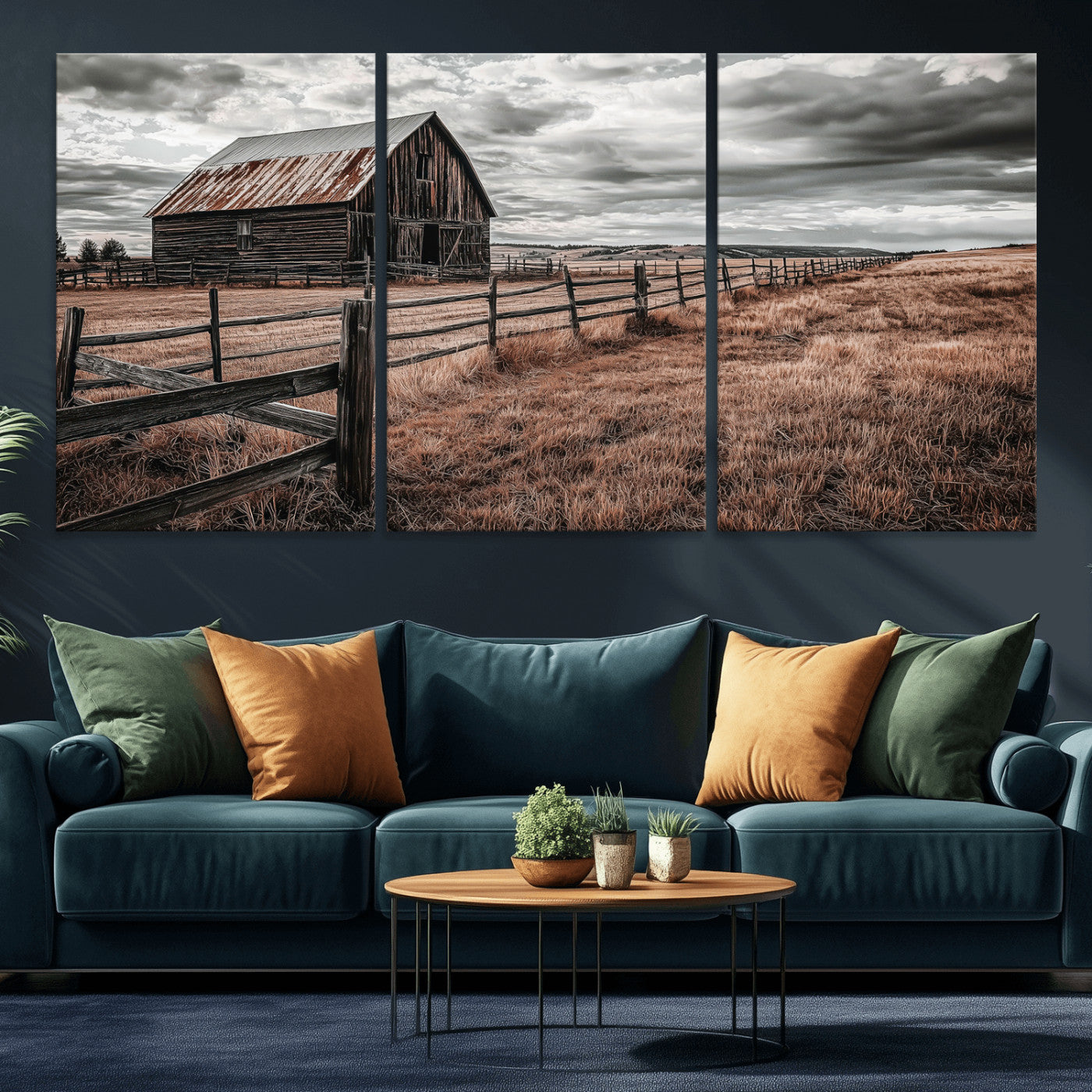 Framed canvas of a rustic barn under a moody sky with weathered fence and dark fields, ideal for farmhouse or rural-style wall decor.
