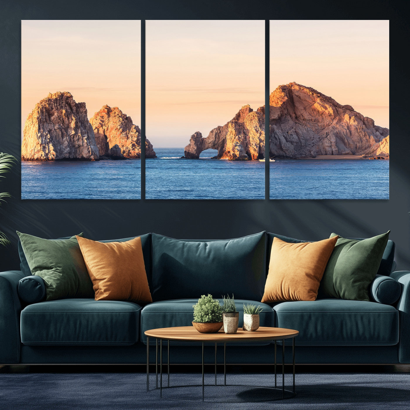 Framed canvas of El Arco rock formation in Cabo San Lucas at golden hour, ideal for coastal landmark or ocean-inspired decor.