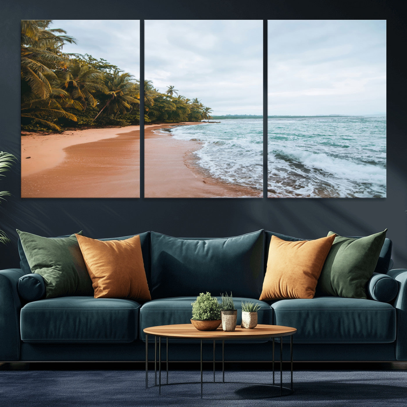 Framed canvas of a tropical beach with palm trees and soft waves, ideal for coastal escape or serene nature-inspired home decor.