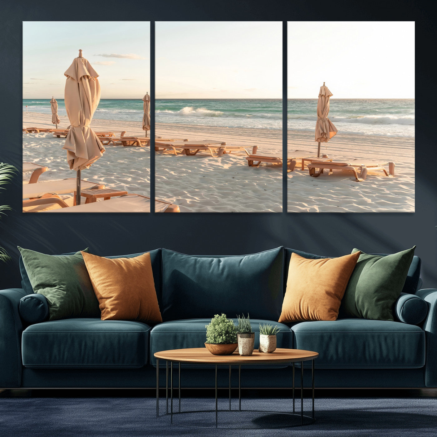 Minimalist photo of empty beach loungers and umbrellas on soft sand, ideal for calm seaside or pastel coastal-style home decor.
