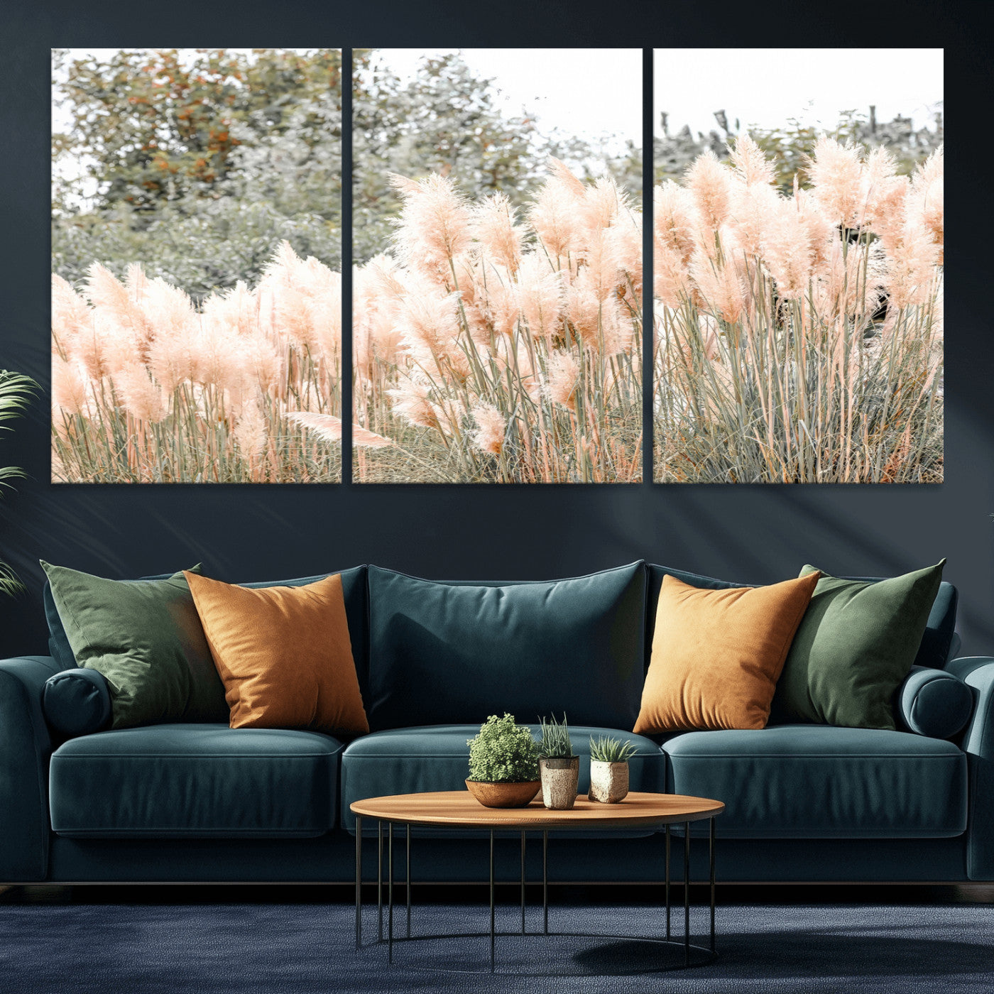Soft pastel pampas grasses in a natural setting, ideal for neutral boho or rustic botanical-style interior wall decoration.