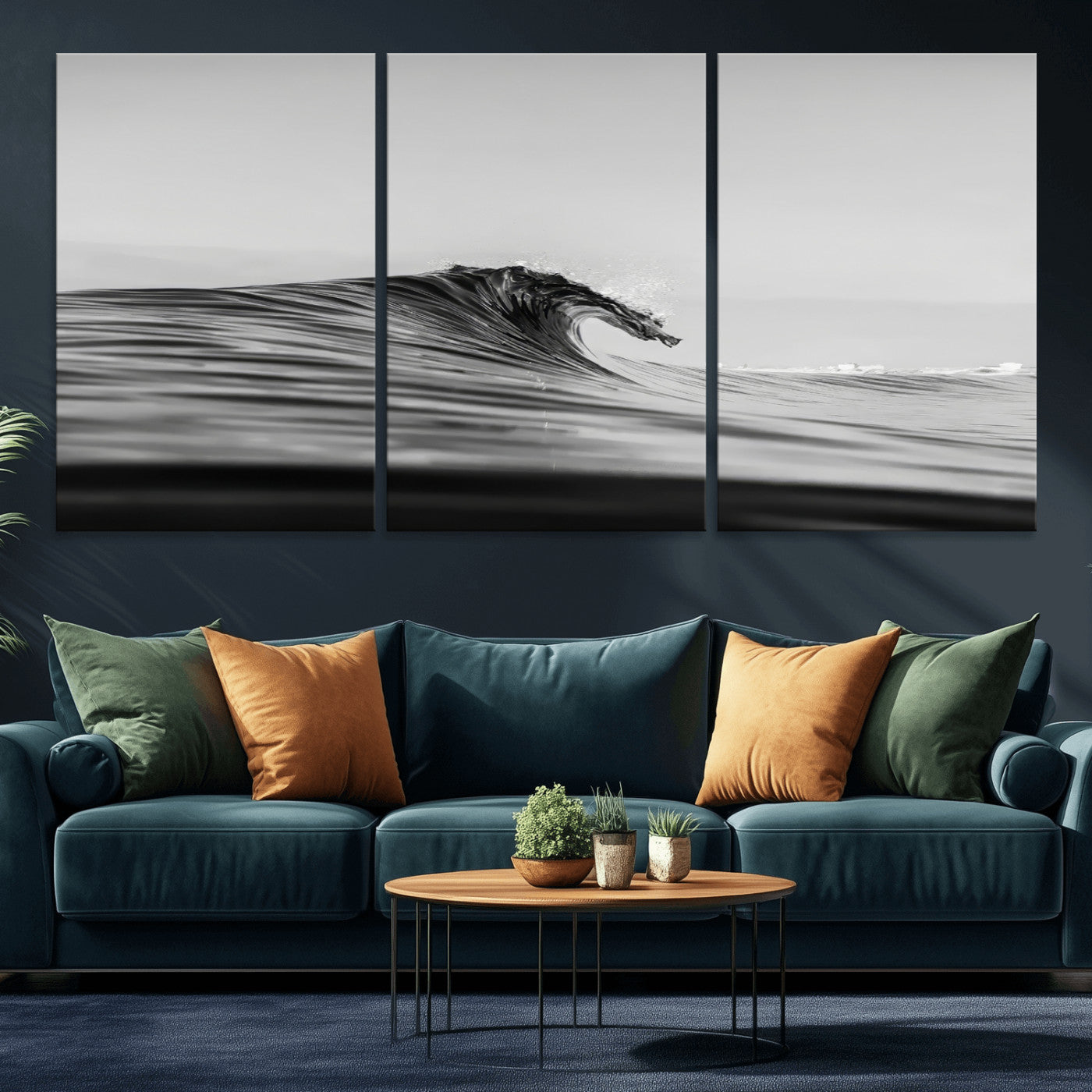 Striking black and white photo of a curling wave, ideal for modern coastal or minimalist wall decor settings.