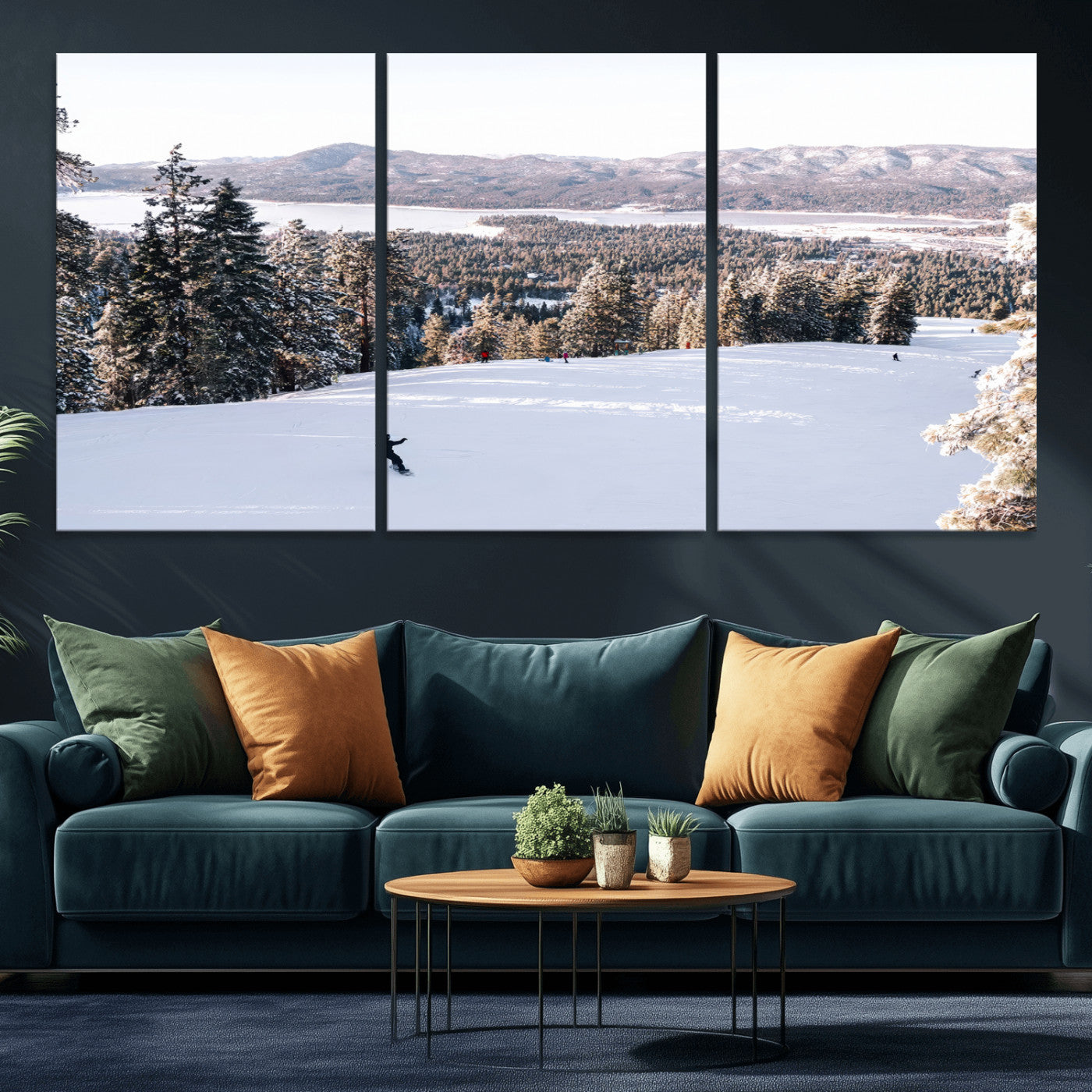Canvas of a snowy mountain ski slope with pine trees and bright winter light, ideal for modern rustic or alpine-inspired home decor.